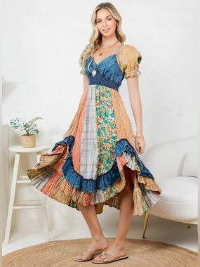 #192 Patchwork Floral Midi Dress with Puff Sleeves - Blue & Multi